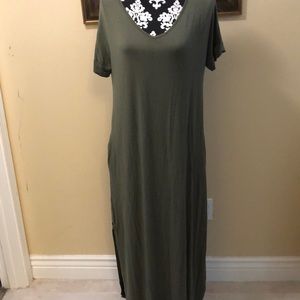 🫒Grecerelle Comfy v-neck f/b short sleeve 2-pocket casual stretchy maxi dress